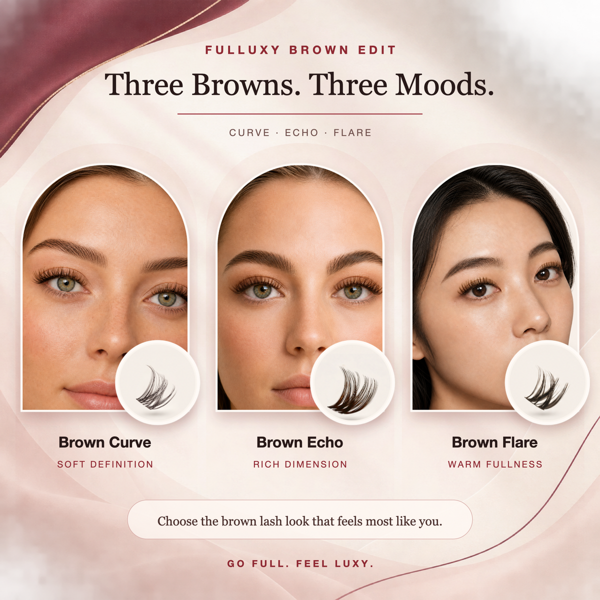 Fulluxy models comparing Brown Curve, Brown Echo, and Brown Flare cluster lash styles