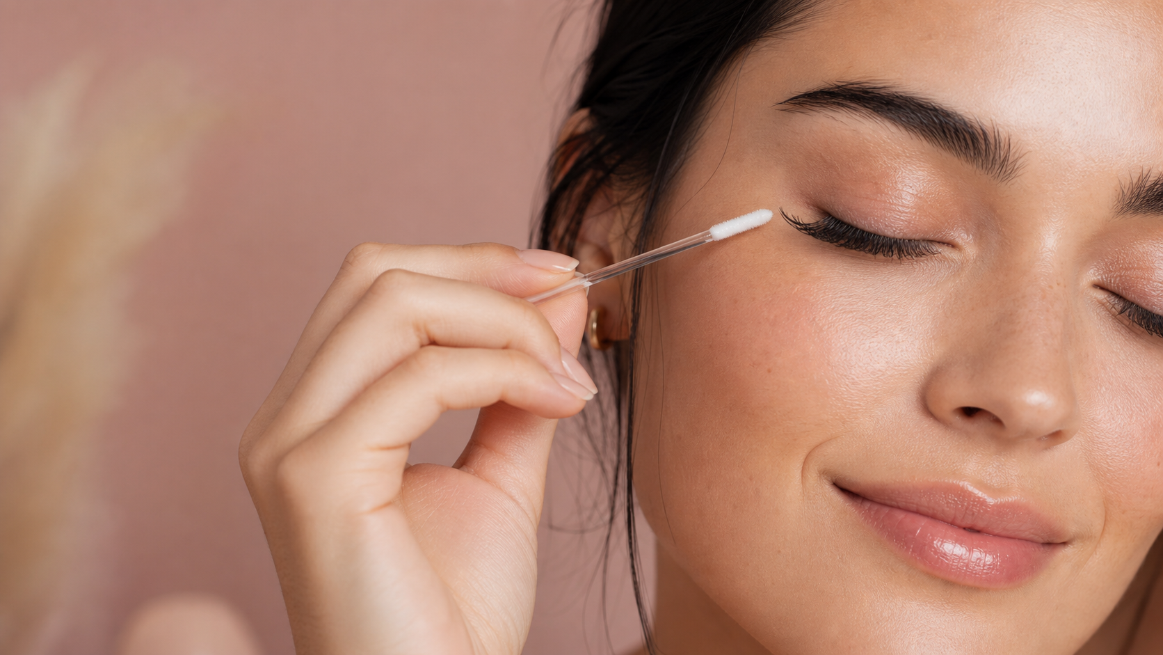 Woman gently caring for cluster lashes with a lash wand against a soft blush background