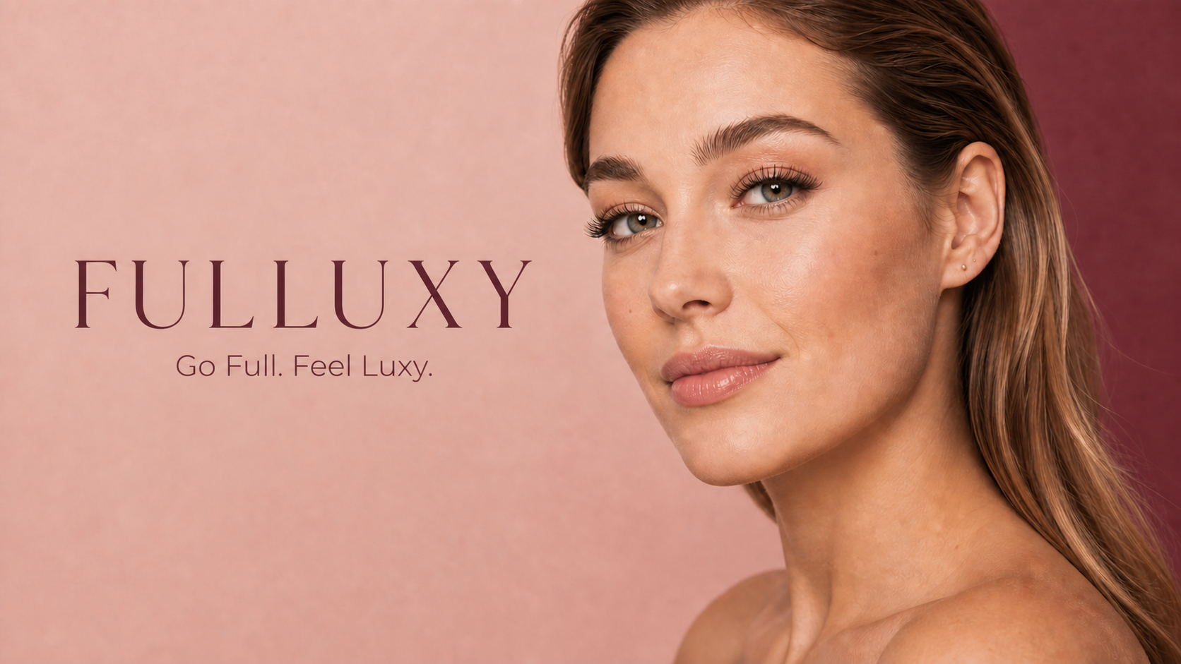 Fulluxy beauty model wearing a soft natural cluster lash map with the Go Full. Feel Luxy. slogan