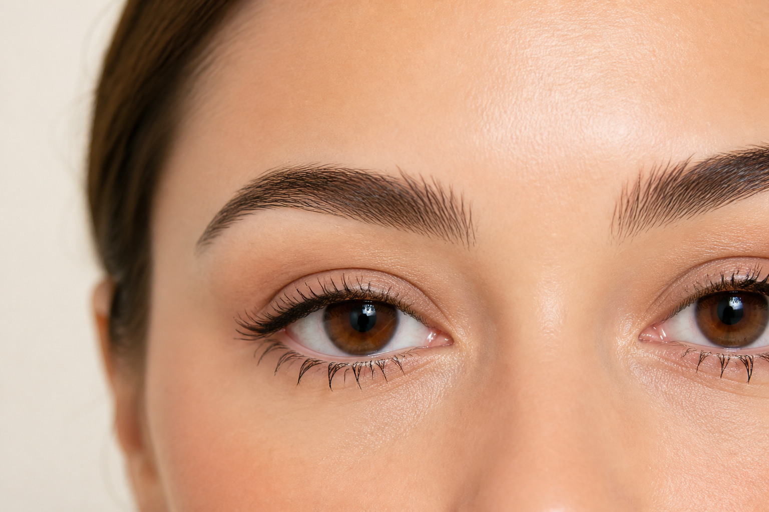Close beauty editorial of softly defined DIY cluster lashes on a warm neutral eye-makeup look