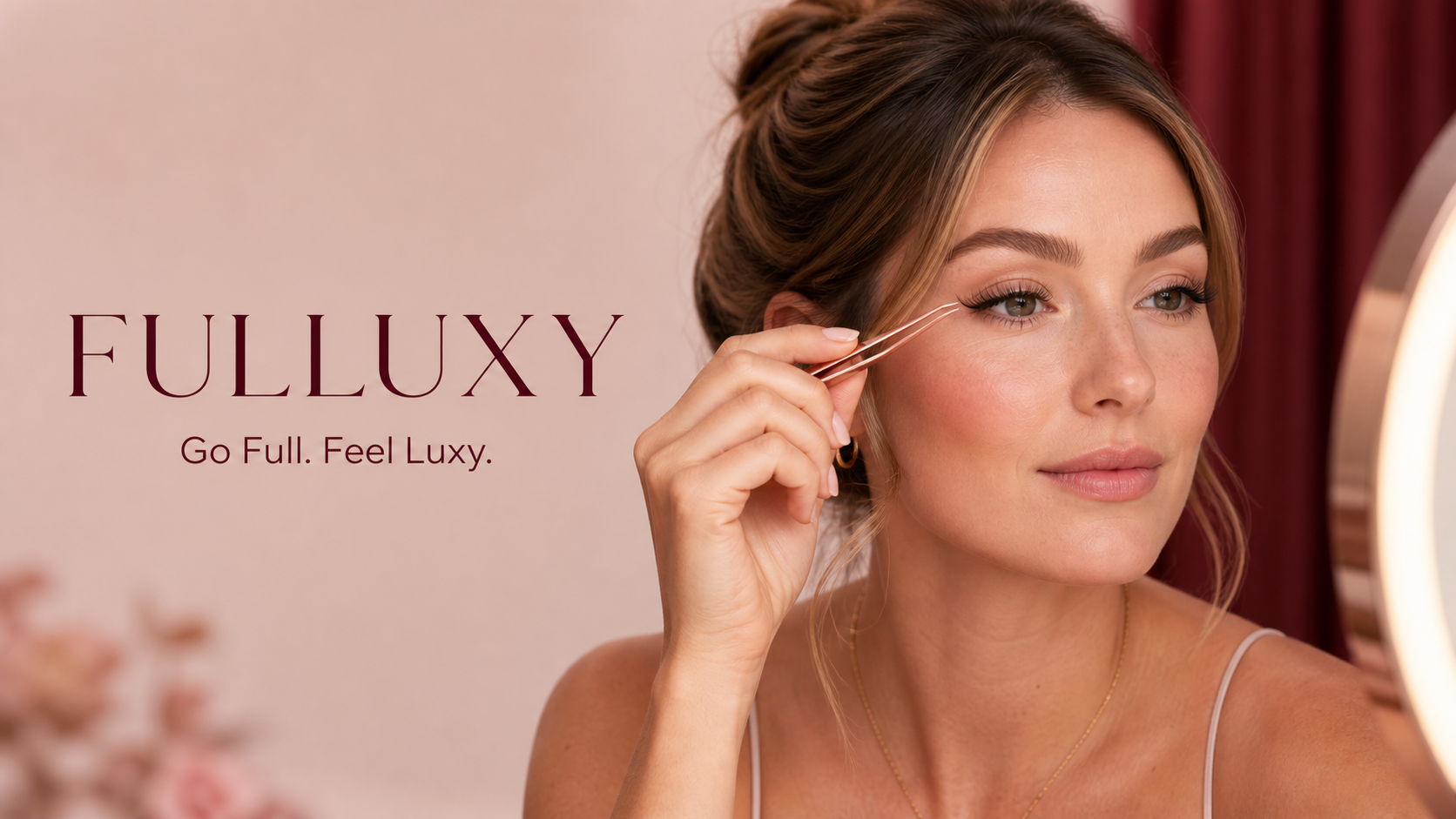 Fulluxy model checking a natural cluster lash placement at a vanity with rose-gold tweezers